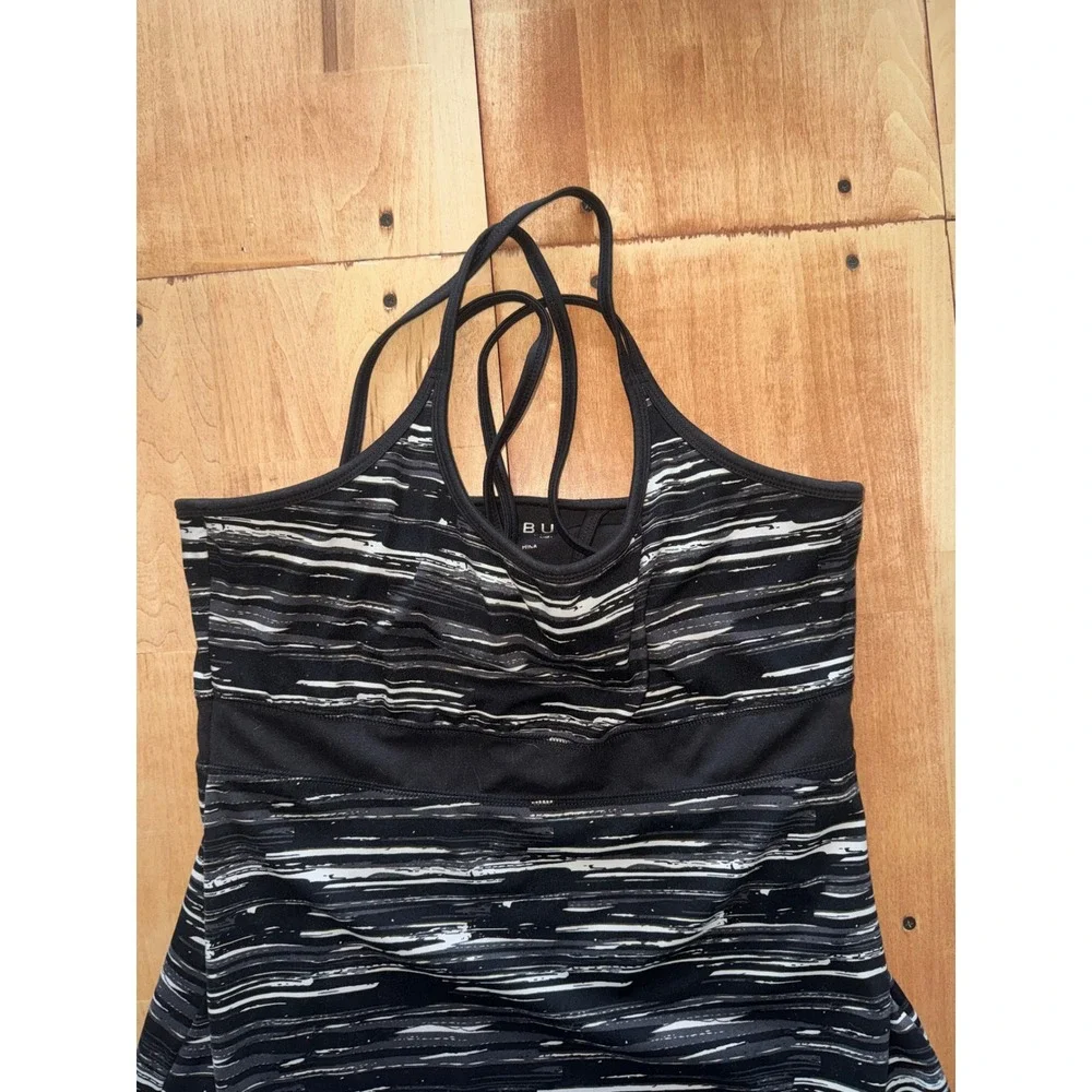 SOYBU Activewear Dress Black White Striped Built in Bra Halter Athletic Womens M